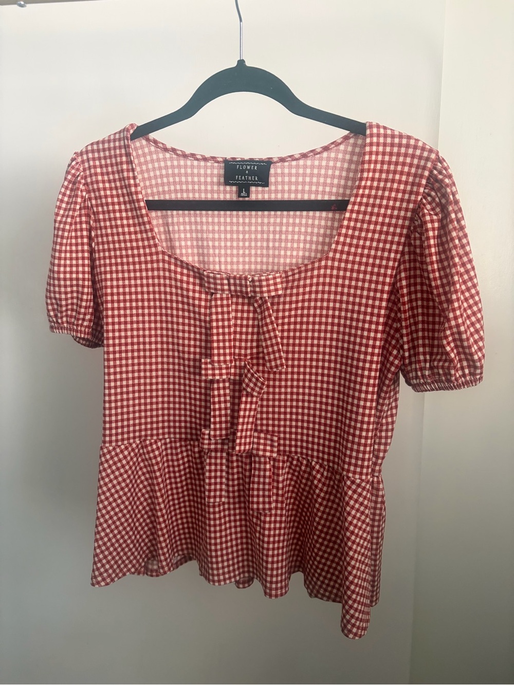 Flower + Feather Red Gingham Peplum Tie-Front Blouse